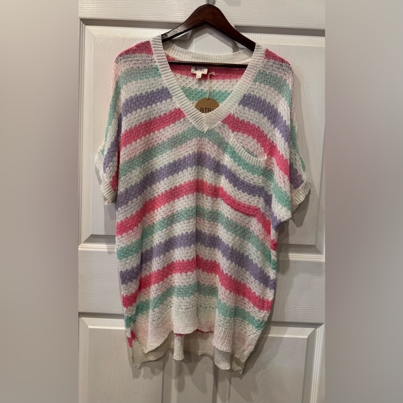 BiBi Sweaters - NWT Bibi White/Multicolor Striped Short Sleeve Sweater Women's Size L Oversized